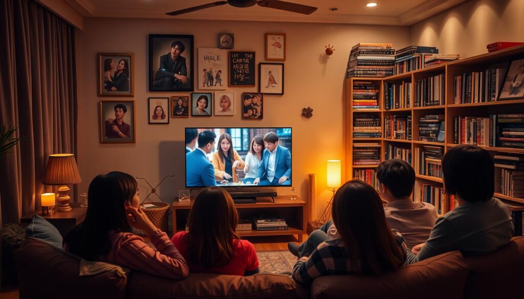 A vibrant and captivating scene of Korean dramas (doramas coreanos), showcasing the enduring popularity and cultural significance of this beloved genre. In the foreground, a group of friends gather around a cozy living room, engrossed in the latest episode playing on a sleek, high-definition television. Soft, warm lighting creates a cozy, inviting atmosphere, while the middle ground features an array of Korean drama-themed decor, from framed posters to plush cushions. In the background, a bookshelf overflows with a diverse collection of Korean drama box sets, hinting at the depth and variety of this captivating media landscape. The overall scene conveys a sense of community, shared passion, and the immersive, transportive experience of indulging in these beloved Korean television dramas. A vibrant and captivating scene of Korean dramas (doramas coreanos), showcasing the enduring popularity and cultural significance of this beloved genre. In the foreground, a group of friends gather around a cozy living room, engrossed in the latest episode playing on a sleek, high-definition television. Soft, warm lighting creates a cozy, inviting atmosphere, while the middle ground features an array of Korean drama-themed decor, from framed posters to plush cushions. In the background, a bookshelf overflows with a diverse collection of Korean drama box sets, hinting at the depth and variety of this captivating media landscape. The overall scene conveys a sense of community, shared passion, and the immersive, transportive experience of indulging in these beloved Korean television dramas.