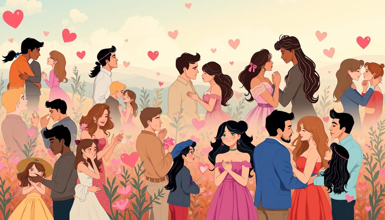 A vibrant and diverse collection of romantic narratives, each with its own unique charm and appeal. In the foreground, a diverse array of couples and characters express their love through intimate gestures and expressions, their diverse backgrounds and identities reflected in their attire and features. The middle ground showcases a variety of artistic mediums, from hand-drawn illustrations to digital paintings, all depicting scenes of romance and connection. In the background, a dreamlike, ethereal landscape sets the stage, with soft lighting and a warm, inviting color palette that imbues the scene with a sense of warmth and passion. The overall composition conveys a sense of inclusivity, where love is celebrated in all its varied forms.