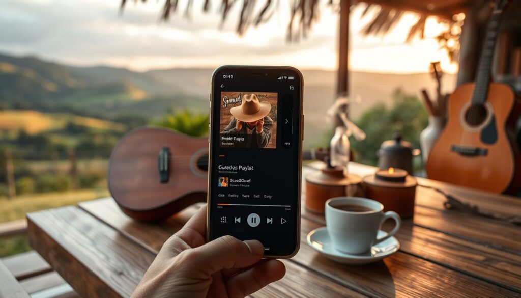 A vibrant and immersive playlist sertaneja experience. In the foreground, a user's smartphone displays a curated SoundCloud playlist, the album art reflecting the distinct rural Brazilian aesthetic - earthy tones, cowboy hats, and guitar silhouettes. In the middle ground, a rustic wooden table with a steaming cup of coffee, a guitar, and country-inspired decorative elements set the relaxed, nostalgic mood. The background features a softly blurred landscape of rolling hills, lush greenery, and a warm, golden-hour lighting that infuses the scene with a sense of tranquility and authenticity. The overall composition evokes the comfort and joy of discovering new sertanejo music through a familiar, user-friendly platform. A vibrant and immersive playlist sertaneja experience. In the foreground, a user's smartphone displays a curated SoundCloud playlist, the album art reflecting the distinct rural Brazilian aesthetic - earthy tones, cowboy hats, and guitar silhouettes. In the middle ground, a rustic wooden table with a steaming cup of coffee, a guitar, and country-inspired decorative elements set the relaxed, nostalgic mood. The background features a softly blurred landscape of rolling hills, lush greenery, and a warm, golden-hour lighting that infuses the scene with a sense of tranquility and authenticity. The overall composition evokes the comfort and joy of discovering new sertanejo music through a familiar, user-friendly platform.