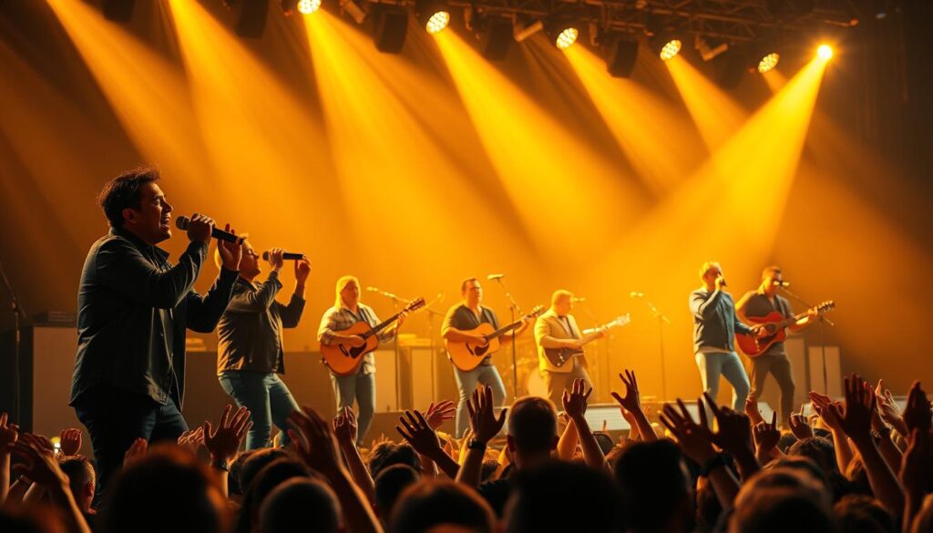 A vibrant concert stage with a group of renowned Brazilian country music artists, known as "cantores sertanejos", performing passionately before a captivated audience. The stage is bathed in warm, golden lighting, casting a celebratory glow on the musicians as they serenade the crowd. In the foreground, the lead singers command the attention with their expressive faces and dynamic gestures, showcasing the raw emotion and energy of sertanejo music. The middle ground features the backing band, their instruments and movements blending seamlessly to create the rich, rhythmic soundscape. The background is filled with a sea of adoring fans, their hands raised in enthusiasm, creating a vibrant, immersive atmosphere. The overall scene captures the essence of the top Brazilian country music artists and their enduring popularity across digital platforms. A vibrant concert stage with a group of renowned Brazilian country music artists, known as "cantores sertanejos", performing passionately before a captivated audience. The stage is bathed in warm, golden lighting, casting a celebratory glow on the musicians as they serenade the crowd. In the foreground, the lead singers command the attention with their expressive faces and dynamic gestures, showcasing the raw emotion and energy of sertanejo music. The middle ground features the backing band, their instruments and movements blending seamlessly to create the rich, rhythmic soundscape. The background is filled with a sea of adoring fans, their hands raised in enthusiasm, creating a vibrant, immersive atmosphere. The overall scene captures the essence of the top Brazilian country music artists and their enduring popularity across digital platforms.