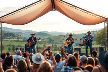 A vibrant country music scene with popular contemporary Brazilian sertanejo artists performing on an outdoor stage. The stage is set against a picturesque rural landscape, with rolling hills, lush greenery, and a warm golden hour lighting casting a soft glow over the scene. The performers, dressed in stylish western-inspired attire, captivate the audience with their energetic singing and rhythmic guitar playing. In the foreground, a crowd of enthusiastic fans sway and dance to the infectious melodies. The atmosphere is one of celebration and joy, reflecting the upbeat and soulful nature of sertanejo music. The scene conveys the idea of being able to experience the best of contemporary sertanejo hits anywhere, even in a scenic, remote setting.