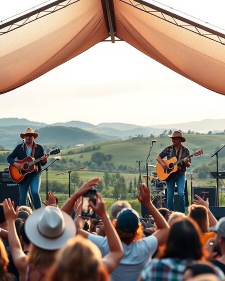 A vibrant country music scene with popular contemporary Brazilian sertanejo artists performing on an outdoor stage. The stage is set against a picturesque rural landscape, with rolling hills, lush greenery, and a warm golden hour lighting casting a soft glow over the scene. The performers, dressed in stylish western-inspired attire, captivate the audience with their energetic singing and rhythmic guitar playing. In the foreground, a crowd of enthusiastic fans sway and dance to the infectious melodies. The atmosphere is one of celebration and joy, reflecting the upbeat and soulful nature of sertanejo music. The scene conveys the idea of being able to experience the best of contemporary sertanejo hits anywhere, even in a scenic, remote setting.