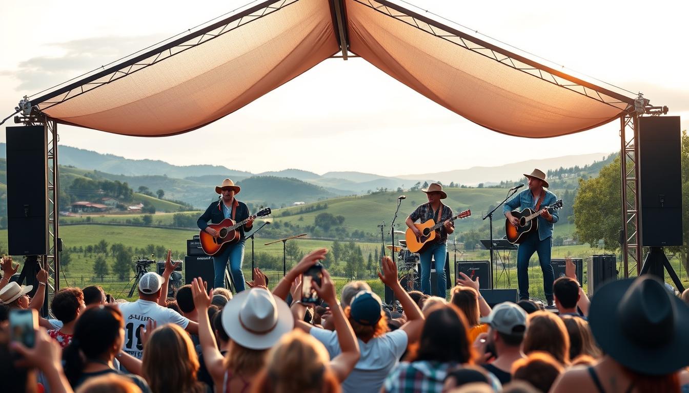 A vibrant country music scene with popular contemporary Brazilian sertanejo artists performing on an outdoor stage. The stage is set against a picturesque rural landscape, with rolling hills, lush greenery, and a warm golden hour lighting casting a soft glow over the scene. The performers, dressed in stylish western-inspired attire, captivate the audience with their energetic singing and rhythmic guitar playing. In the foreground, a crowd of enthusiastic fans sway and dance to the infectious melodies. The atmosphere is one of celebration and joy, reflecting the upbeat and soulful nature of sertanejo music. The scene conveys the idea of being able to experience the best of contemporary sertanejo hits anywhere, even in a scenic, remote setting.