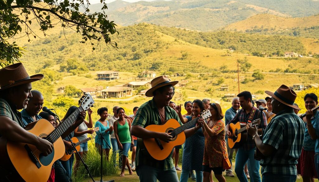 A vibrant countryside scene of Brazil's sertanejo culture. In the foreground, a group of musicians passionately perform, their instruments pulsing with the rhythmic beat of the sertanejo genre. The middle ground features a lively crowd, their bodies swaying to the infectious melody, faces alight with joy. In the background, a landscape of rolling hills, dotted with rustic buildings and the verdant foliage characteristic of the Brazilian interior. Warm, golden lighting casts a serene glow, accentuating the traditional, yet celebratory atmosphere. The overall composition evokes the deep cultural significance and captivating energy of sertanejo music within Brazil. A vibrant countryside scene of Brazil's sertanejo culture. In the foreground, a group of musicians passionately perform, their instruments pulsing with the rhythmic beat of the sertanejo genre. The middle ground features a lively crowd, their bodies swaying to the infectious melody, faces alight with joy. In the background, a landscape of rolling hills, dotted with rustic buildings and the verdant foliage characteristic of the Brazilian interior. Warm, golden lighting casts a serene glow, accentuating the traditional, yet celebratory atmosphere. The overall composition evokes the deep cultural significance and captivating energy of sertanejo music within Brazil.