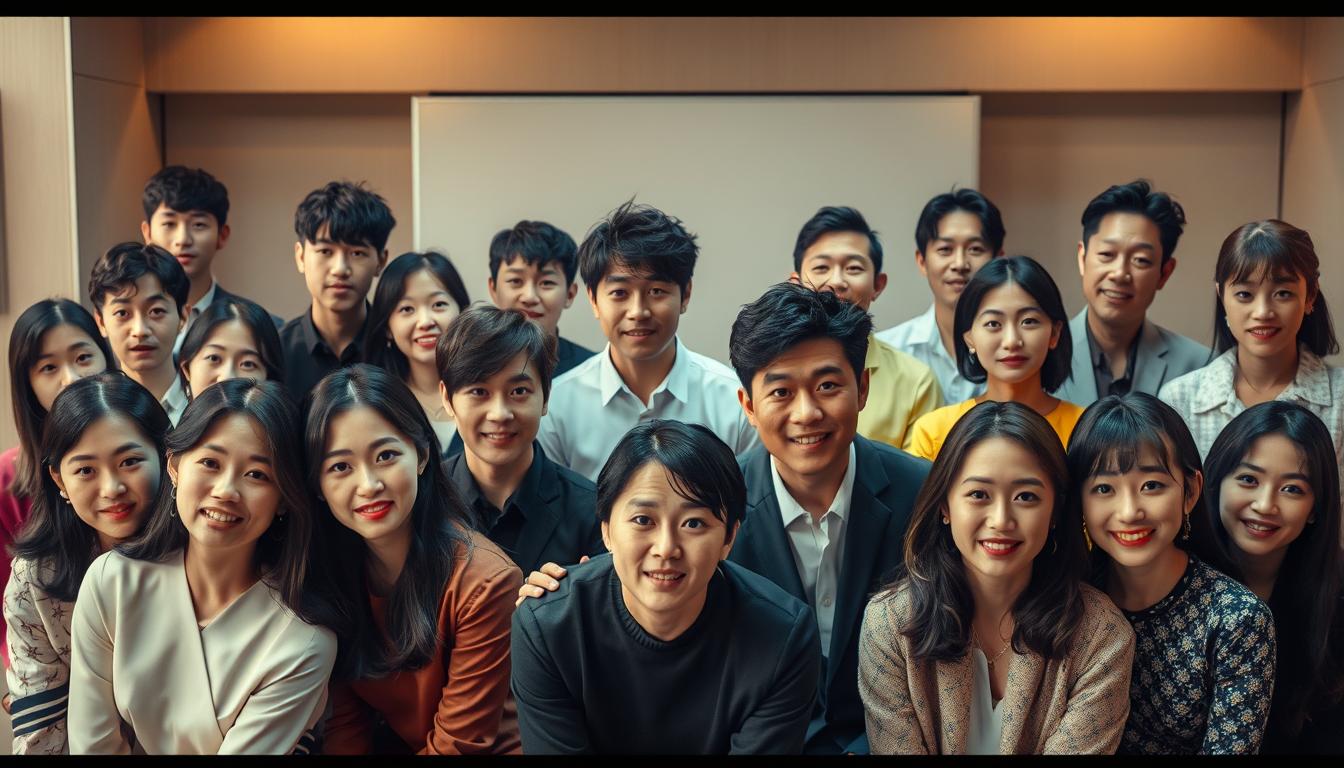 A vibrant ensemble of charismatic Korean drama stars, captured in a cinematic tableau. In the foreground, a diverse cast of leading actors and actresses exude a captivating presence, their expressions and poses conveying the emotional depth and dynamic range that have captivated audiences worldwide. The middle ground features supporting players and fan-favorite characters, each with their own distinct personalities and styles. The background offers a stylized, minimalist setting, hinting at the sophisticated production values and immersive narratives that define the world of K-dramas. Warm lighting, soft focus, and a sense of movement and energy create a visually arresting, dreamlike quality, evoking the allure and escapism of these beloved television series.