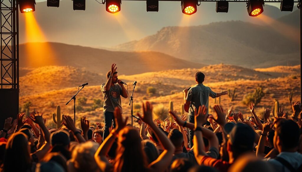 A vibrant rural landscape set in the heart of the Brazilian sertão, capturing the essence of contemporary sertanejo music. In the foreground, a stage lit by warm golden spotlights, where a duo of charismatic singers perform passionately, their voices resonating with the crowd. In the middle ground, an audience of energetic fans, hands raised and swaying to the infectious rhythms. The background features rolling hills, dotted with cacti and scrubland, evoking the rugged beauty of the sertão. The scene is bathed in a golden hour glow, creating a sense of nostalgia and celebration. The overall atmosphere is one of unbridled joy and the infectious spirit of sertanejo culture. A vibrant rural landscape set in the heart of the Brazilian sertão, capturing the essence of contemporary sertanejo music. In the foreground, a stage lit by warm golden spotlights, where a duo of charismatic singers perform passionately, their voices resonating with the crowd. In the middle ground, an audience of energetic fans, hands raised and swaying to the infectious rhythms. The background features rolling hills, dotted with cacti and scrubland, evoking the rugged beauty of the sertão. The scene is bathed in a golden hour glow, creating a sense of nostalgia and celebration. The overall atmosphere is one of unbridled joy and the infectious spirit of sertanejo culture.