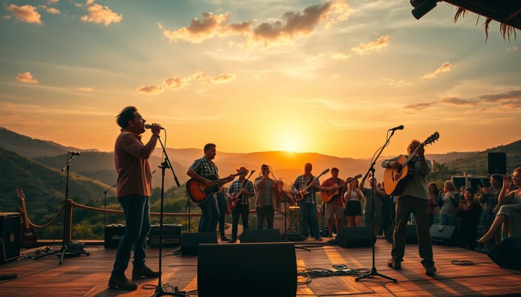 A vibrant scene of renowned Brazilian country music artists, known as "artistas sertanejos," performing on a rustic stage against a backdrop of rolling hills and a warm sunset sky. The foreground features the lead singer, microphone in hand, belting out a soulful melody. The middle ground showcases the backing band, their instruments and movements creating a lively, rhythmic energy. In the distance, a crowd of adoring fans sway and cheer, immersed in the captivating atmosphere. Warm, golden lighting casts a soft, nostalgic glow, evoking the authentic spirit of the Brazilian countryside. A cinematic, high-resolution image that captures the essence of the "Sinta o Clima do Interior com Músicas Sertanejas" experience. A vibrant scene of renowned Brazilian country music artists, known as "artistas sertanejos," performing on a rustic stage against a backdrop of rolling hills and a warm sunset sky. The foreground features the lead singer, microphone in hand, belting out a soulful melody. The middle ground showcases the backing band, their instruments and movements creating a lively, rhythmic energy. In the distance, a crowd of adoring fans sway and cheer, immersed in the captivating atmosphere. Warm, golden lighting casts a soft, nostalgic glow, evoking the authentic spirit of the Brazilian countryside. A cinematic, high-resolution image that captures the essence of the "Sinta o Clima do Interior com Músicas Sertanejas" experience.