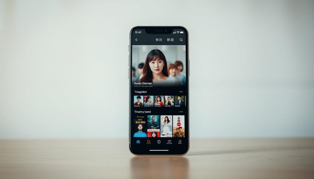 An elegant and captivating mobile application interface, showcasing the on-demand streaming of popular Korean dramas. In the foreground, a sleek and minimalist design invites the user to explore a vast library of K-dramas, with vibrant thumbnails and clean typography. The middle ground features a central hero image of a beloved Korean drama series, drawing the viewer's attention. The background is a soft, blurred gradient, creating a sense of depth and focus on the application's core functionality. The overall mood is one of accessibility, convenience, and the excitement of discovering new cinematic gems from the Korean entertainment industry. The lighting is natural, with subtle highlights and shadows accentuating the user interface elements. The camera angle is frontal, providing a clear and inviting perspective for the viewer. An elegant and captivating mobile application interface, showcasing the on-demand streaming of popular Korean dramas. In the foreground, a sleek and minimalist design invites the user to explore a vast library of K-dramas, with vibrant thumbnails and clean typography. The middle ground features a central hero image of a beloved Korean drama series, drawing the viewer's attention. The background is a soft, blurred gradient, creating a sense of depth and focus on the application's core functionality. The overall mood is one of accessibility, convenience, and the excitement of discovering new cinematic gems from the Korean entertainment industry. The lighting is natural, with subtle highlights and shadows accentuating the user interface elements. The camera angle is frontal, providing a clear and inviting perspective for the viewer.
