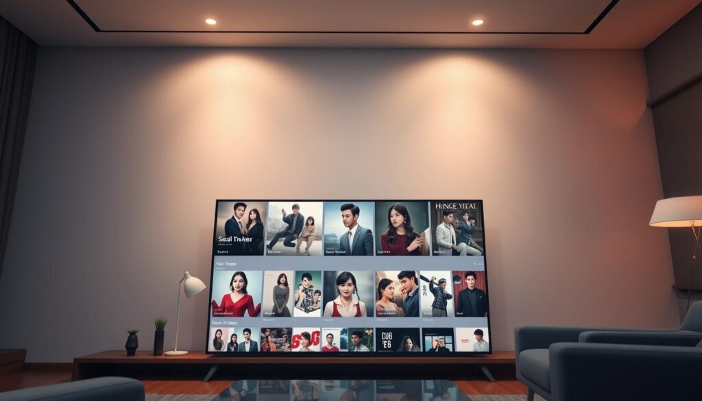 Elegant streaming platforms showcasing captivating Korean dramas. A sleek, minimalist interface with a grid of thumbnail posters highlighting the latest and most popular series. Soft ambient lighting illuminates the scene, creating a cozy and inviting atmosphere for viewers to discover their next binge-worthy show. The layout is clean and intuitive, allowing users to easily navigate through genre filters and recommendations. In the background, a subtle gradient of warm tones sets the mood, reflecting the rich cultural heritage and emotional storytelling of Korean entertainment. The overall composition conveys a sense of accessibility and refinement, perfectly suited for an article on the best free platforms to enjoy Korean television. Elegant streaming platforms showcasing captivating Korean dramas. A sleek, minimalist interface with a grid of thumbnail posters highlighting the latest and most popular series. Soft ambient lighting illuminates the scene, creating a cozy and inviting atmosphere for viewers to discover their next binge-worthy show. The layout is clean and intuitive, allowing users to easily navigate through genre filters and recommendations. In the background, a subtle gradient of warm tones sets the mood, reflecting the rich cultural heritage and emotional storytelling of Korean entertainment. The overall composition conveys a sense of accessibility and refinement, perfectly suited for an article on the best free platforms to enjoy Korean television.