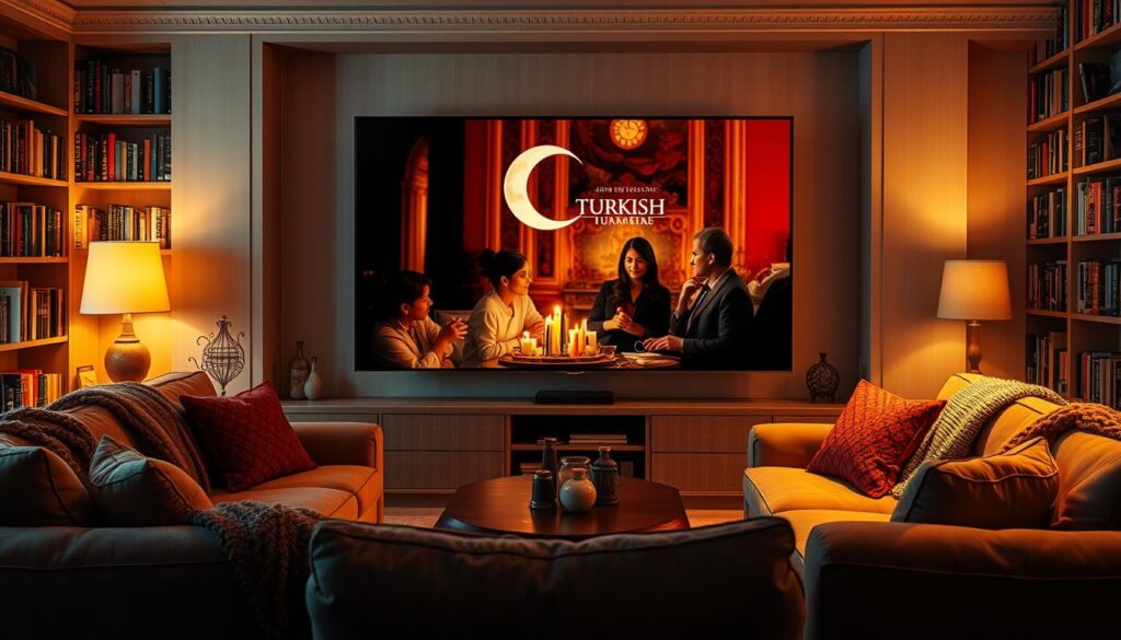 A cinematic scene of a living room, with a large flat-screen TV taking center stage. The TV screen displays a captivating Turkish drama, its vibrant colors and engaging characters drawing the viewer in. Plush sofas and cozy throws invite the viewer to settle in and lose themselves in the mesmerizing story. Warm, soft lighting casts a welcoming glow, creating an atmosphere of comfort and relaxation. In the background, bookshelves filled with international titles suggest a diverse and cultured space. The overall composition evokes a sense of immersion, as if the viewer is part of the intimate setting, ready to embark on a journey through the enchanting world of Turkish television.