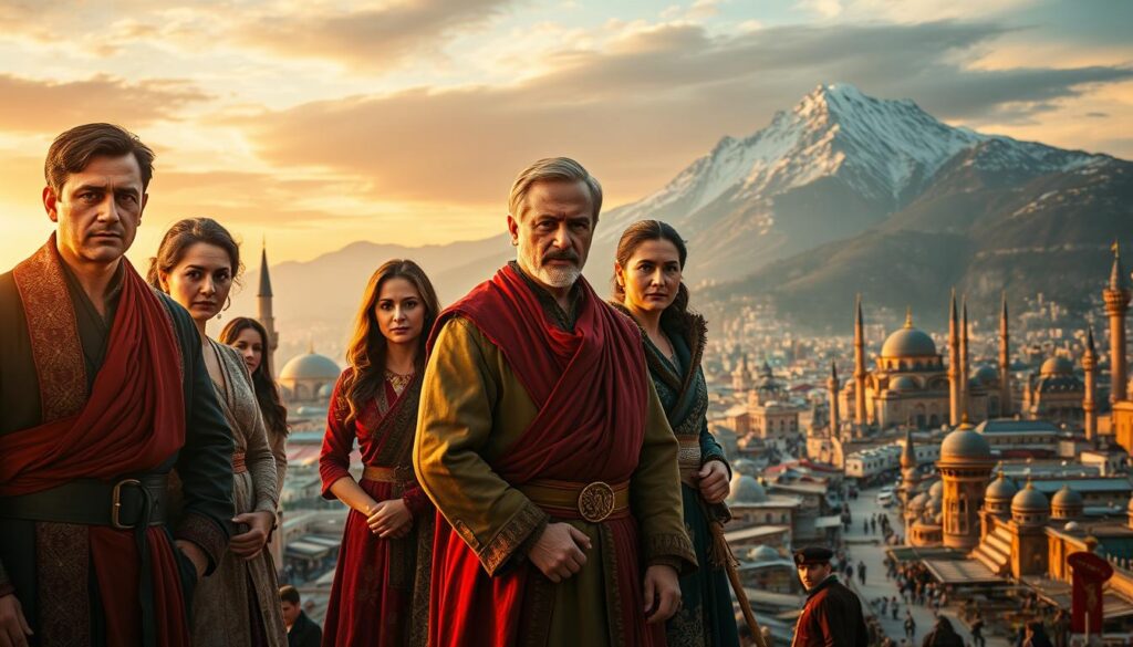 A cinematic scene of popular Turkish TV series, captured in a warm, vibrant palette. In the foreground, an ensemble of captivating characters stands tall, their expressive faces and ornate costumes drawing the viewer's gaze. The middle ground features an intricately detailed cityscape, with towering minarets, bustling markets, and winding alleyways, all bathed in the golden glow of the setting sun. In the background, a majestic, snow-capped mountain range rises, adding depth and grandeur to the composition. The overall atmosphere is one of intrigue, adventure, and the rich cultural heritage of Turkey, inviting the viewer to immerse themselves in the engaging narratives of these beloved Turkish television series.