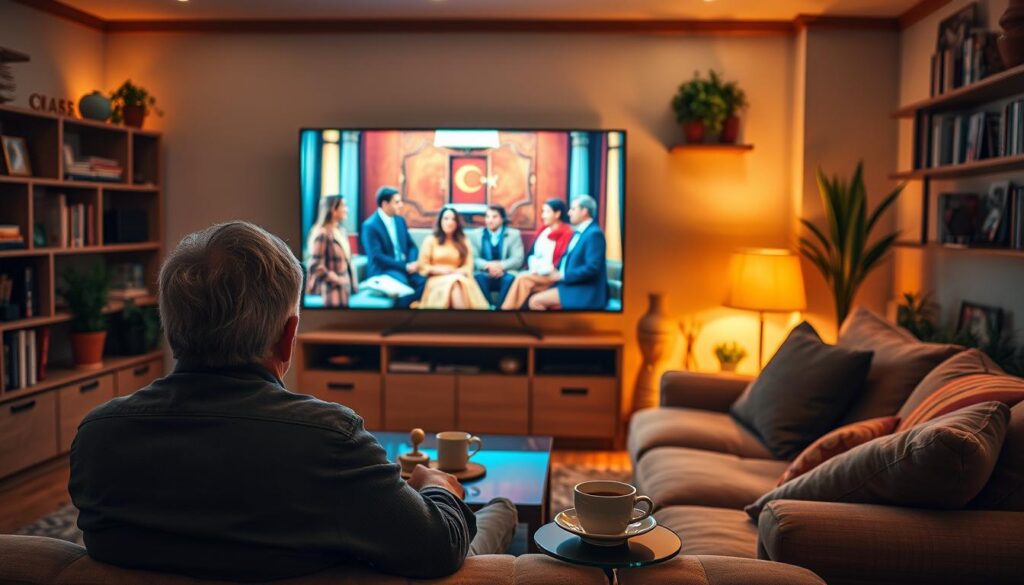 A cozy living room with a large flatscreen TV displaying a vibrant Turkish drama. The room is warmly lit, with soft ambient lighting and a plush, comfortable couch. In the foreground, a person is seated, engrossed in the show, a cup of hot tea or coffee on a side table. The background features bookshelves, potted plants, and other décor that evokes a sense of home and relaxation. The overall atmosphere is one of comfort, immersion, and the enjoyment of Turkish television. A cozy living room with a large flatscreen TV displaying a vibrant Turkish drama. The room is warmly lit, with soft ambient lighting and a plush, comfortable couch. In the foreground, a person is seated, engrossed in the show, a cup of hot tea or coffee on a side table. The background features bookshelves, potted plants, and other décor that evokes a sense of home and relaxation. The overall atmosphere is one of comfort, immersion, and the enjoyment of Turkish television.