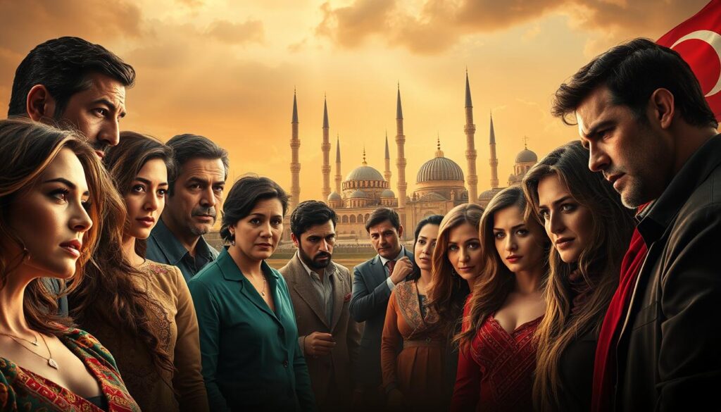 A dramatic, cinematic scene of the most popular Turkish dramas captivating Brazilian audiences. In the foreground, a group of diverse characters from various Turkish TV series are engaged in emotive expressions and interactions, conveying the captivating narratives that have captivated viewers. The middle ground showcases iconic landmarks and settings from renowned Turkish shows, hinting at the cultural richness and storytelling that has transcended borders. The background is bathed in warm, golden lighting, evoking a sense of nostalgia and the enduring appeal of these beloved Turkish television productions. The overall composition and mood capture the allure and fascination that has drawn Brazilian audiences to the world of Turkish telenovelas.