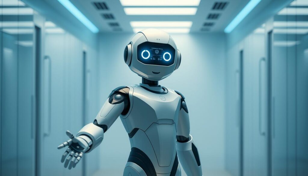 A futuristic robot assistant standing in a sleek, minimalist office environment. The Databot has a streamlined, angular design with a smooth, metallic finish. Its head features a glowing, holographic display that shows information and visuals. The robot's posture is friendly and approachable, with its arm extended in a welcoming gesture. The background is bathed in cool, blue-toned lighting, creating a sense of technological sophistication. The scene conveys a vision of a cutting-edge, AI-powered virtual assistant that seamlessly integrates with modern mobile devices, revolutionizing the way we interact with technology. A futuristic robot assistant standing in a sleek, minimalist office environment. The Databot has a streamlined, angular design with a smooth, metallic finish. Its head features a glowing, holographic display that shows information and visuals. The robot's posture is friendly and approachable, with its arm extended in a welcoming gesture. The background is bathed in cool, blue-toned lighting, creating a sense of technological sophistication. The scene conveys a vision of a cutting-edge, AI-powered virtual assistant that seamlessly integrates with modern mobile devices, revolutionizing the way we interact with technology.