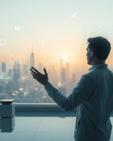 A futuristic scene depicting a person immersed in seamless technological interaction. In the foreground, a human figure gestures fluidly, their movements in sync with a responsive and intuitive interface. Holographic displays float in the air, reflecting light and data. The middle ground features a clean, minimalist setting, with sleek devices and interconnected systems. In the background, a cityscape of towering buildings and glowing skylines suggests an advanced, technologically-driven environment. Soft, diffuse lighting illuminates the scene, creating a sense of wonder and possibility. The overall atmosphere conveys a harmonious fusion of human and machine, reflecting the transformative power of intelligent, voice-activated technology.