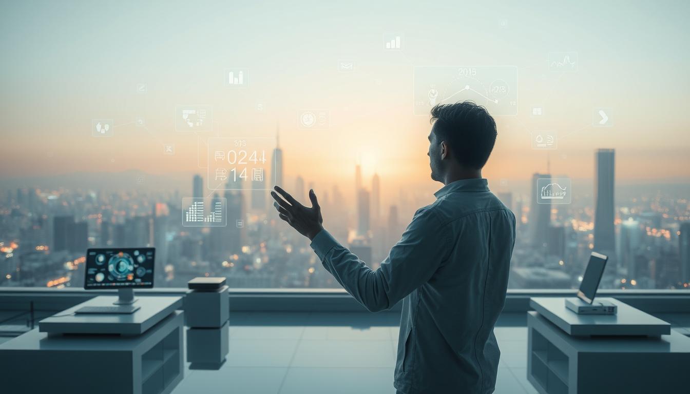 A futuristic scene depicting a person immersed in seamless technological interaction. In the foreground, a human figure gestures fluidly, their movements in sync with a responsive and intuitive interface. Holographic displays float in the air, reflecting light and data. The middle ground features a clean, minimalist setting, with sleek devices and interconnected systems. In the background, a cityscape of towering buildings and glowing skylines suggests an advanced, technologically-driven environment. Soft, diffuse lighting illuminates the scene, creating a sense of wonder and possibility. The overall atmosphere conveys a harmonious fusion of human and machine, reflecting the transformative power of intelligent, voice-activated technology.