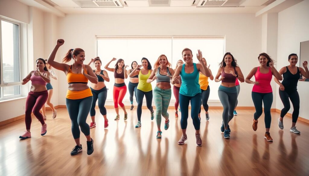 A group of people enthusiastically performing a series of dynamic, high-energy Zumba dance moves in a bright, well-lit studio. The dancers are dressed in vibrant workout attire, their movements flowing seamlessly as they follow an instructor leading the routine. The scene exudes a sense of joy, fitness, and weight loss, with the dancers' expressions conveying a feeling of empowerment and accomplishment. The camera captures the scene from a medium angle, showcasing the full-body choreography and the participants' engagement. Soft, diffused lighting creates a warm, uplifting atmosphere, highlighting the participants' silhouettes and accentuating the rhythmic nature of the Zumba workout.