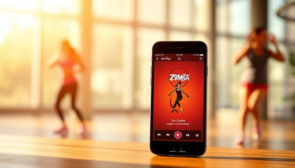 A serene and vibrant scene depicting the "Zin Play" mobile app interface, showcasing a free Zumba fitness experience. The app's sleek and modern design dominates the foreground, with a stylized Zumba dancer avatar prominently displayed, inspiring the user to join in the energetic workout. The background features a blurred, dynamic Zumba class, capturing the rhythm and excitement of the dance-based exercise. Warm, natural lighting illuminates the scene, creating an inviting and motivating atmosphere. The overall composition emphasizes the accessibility and convenience of the Zin Play app, empowering users to enjoy Zumba workouts without any cost barriers.