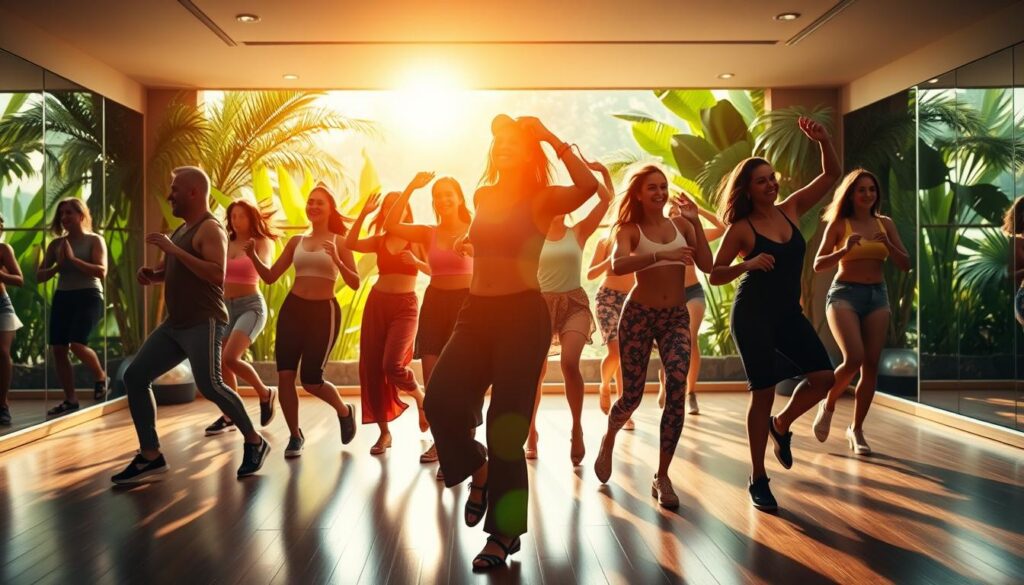 A serene, sun-drenched scene of vibrant zumba dancers moving in perfect harmony, their bodies twisting and turning with infectious energy. The foreground features a diverse group of people, both men and women, their faces alive with joy as they effortlessly execute zumba's signature moves. The middle ground showcases a lush, verdant studio space, with mirrored walls and a polished hardwood floor that reflects the dancers' graceful movements. In the background, a softly lit backdrop of tropical foliage and a warm, golden glow create a calming, restorative atmosphere, evoking the transformative benefits of regular zumba practice. Subtle lighting highlights the dancers' silhouettes, emphasizing the fluidity and strength of their bodies. The overall scene conveys the exhilaration, vitality, and rejuvenating effects of engaging in this dynamic, full-body workout.