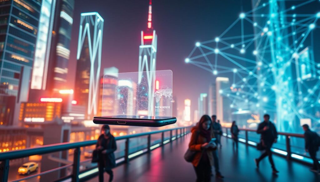 A sleek, futuristic cityscape with towering skyscrapers and holographic displays, bathed in a warm, vibrant glow. In the foreground, a mobile device hovers, its screen projecting a holographic interface that seamlessly integrates with the urban landscape. The middle ground features pedestrians interacting with their advanced mobile devices, their movements fluid and intuitive. In the background, a network of glowing data streams and interconnected systems illustrate the sophistication of the mobile technology at play. The scene conveys a sense of progress, efficiency, and the seamless integration of cutting-edge mobile technology into everyday life. A sleek, futuristic cityscape with towering skyscrapers and holographic displays, bathed in a warm, vibrant glow. In the foreground, a mobile device hovers, its screen projecting a holographic interface that seamlessly integrates with the urban landscape. The middle ground features pedestrians interacting with their advanced mobile devices, their movements fluid and intuitive. In the background, a network of glowing data streams and interconnected systems illustrate the sophistication of the mobile technology at play. The scene conveys a sense of progress, efficiency, and the seamless integration of cutting-edge mobile technology into everyday life.