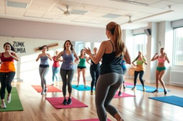 A spacious dance studio with natural lighting streaming through large windows. In the foreground, a group of Zumba beginners enthusiastically follow the lead of an upbeat, energetic instructor demonstrating the basic steps. The middle ground features a mirrored wall, allowing participants to easily observe and correct their form. The background showcases a vibrant, uplifting atmosphere with colorful exercise mats and motivational wall decor. Soft, diffused lighting illuminates the scene, creating a welcoming and inclusive environment for those new to the Zumba experience.