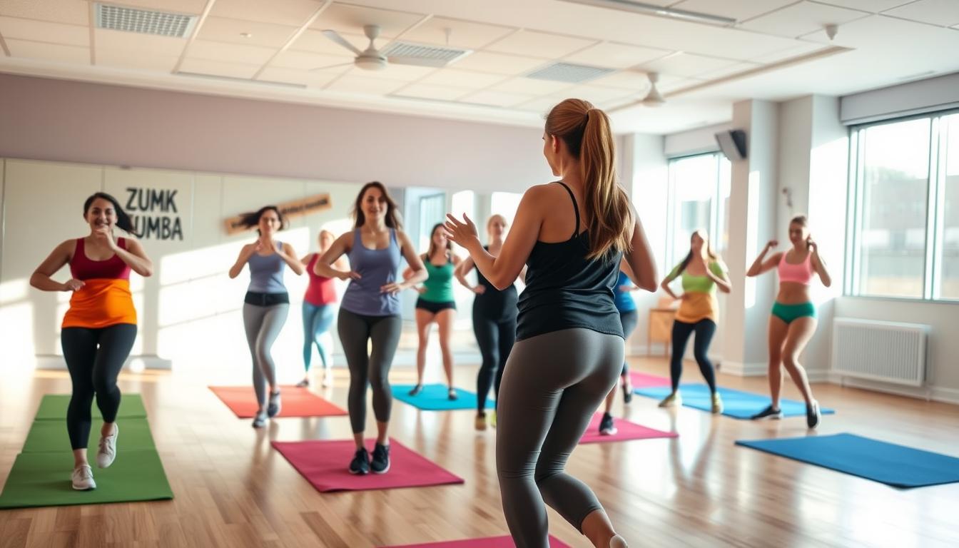 A spacious dance studio with natural lighting streaming through large windows. In the foreground, a group of Zumba beginners enthusiastically follow the lead of an upbeat, energetic instructor demonstrating the basic steps. The middle ground features a mirrored wall, allowing participants to easily observe and correct their form. The background showcases a vibrant, uplifting atmosphere with colorful exercise mats and motivational wall decor. Soft, diffused lighting illuminates the scene, creating a welcoming and inclusive environment for those new to the Zumba experience.