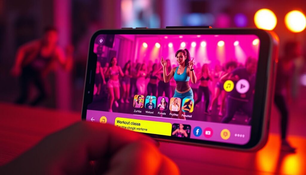 A vibrant Zumba fitness app interface showcasing an energetic online Zumba class session. Sleek and modern design with bold colors, intuitive controls, and a clean layout. The main screen displays a high-quality video feed of an engaging Zumba instructor leading a lively workout, surrounded by a dynamic background of pulsing rhythms and a crowd of enthusiastic participants. Warm lighting illuminates the scene, creating an immersive and motivating atmosphere. The app provides clear instructions, workout schedules, and social features to connect Zumba enthusiasts. A seamless experience to bring the exhilaration of a Zumba studio directly into the comfort of one's home.