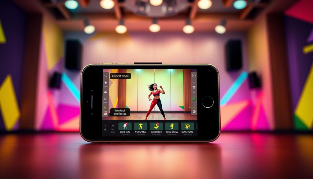 A vibrant and dynamic mobile app interface, showcasing the "DanceFitme" digital fitness studio. The foreground features a sleek, minimalist design with a central video player displaying a zumba instructor leading a high-energy dance routine. The middle ground includes workout tracking metrics, social sharing options, and customizable class schedules. The background depicts an immersive, studio-inspired environment with soft lighting, colorful geometric patterns, and a sense of movement and energy. The overall composition conveys the app's purpose: to provide a convenient, engaging, and accessible zumba workout experience anytime, anywhere.