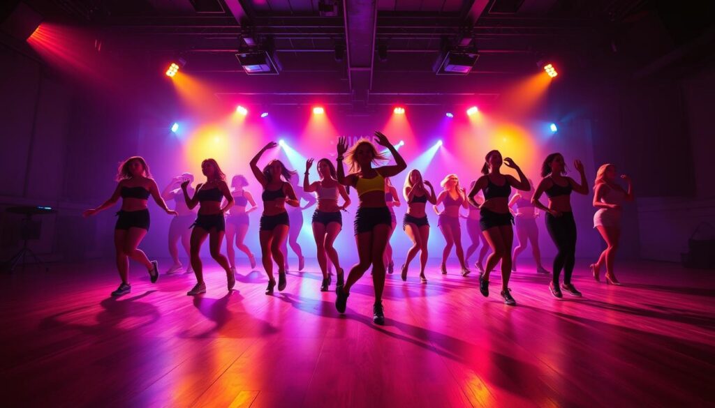 A vibrant and energetic Zumba dance choreography unfolds on a dimly lit studio stage. Silhouetted figures move in sync, their bodies flowing with the infectious rhythms of Latin-inspired music. Vibrant lighting illuminates the scene, casting dynamic shadows and highlights that accentuate the dancers' fluid movements. The atmosphere is electric, capturing the joy and exhilaration of the Zumba experience. A wide-angle lens captures the full choreography, showcasing the intricate patterns and synchronized steps of the dancers. The overall mood is one of celebration, inviting the viewer to imagine themselves immersed in the captivating Zumba class.