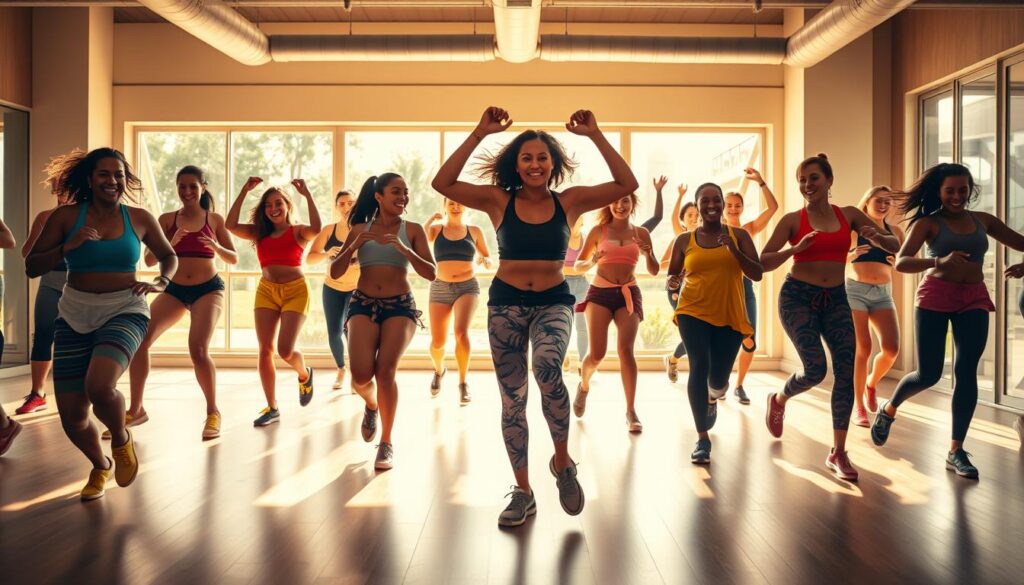 A vibrant and energetic Zumba dance session unfolding in a modern fitness studio. The foreground features a group of diverse people enthusiastically moving to the beat of an upbeat Latin-inspired soundtrack, their bodies in perfect synchronization. The middle ground showcases a dynamic instructor leading the class, their movements fluid and captivating. The background is bathed in warm, natural lighting filtering through large windows, creating a welcoming and energizing atmosphere. The overall scene exudes a sense of joy, vitality, and community, perfectly capturing the allure of this free Zumba app that has taken Brazil by storm.