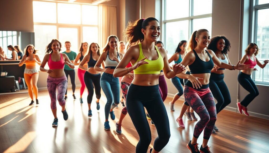 A vibrant and energetic Zumba fitness class for beginners, with a diverse group of participants energetically moving to upbeat Latin-inspired music. The scene is bathed in warm, natural lighting that streams in through large windows, casting a soft glow on the participants as they follow the enthusiastic instructor's choreography. The class is set in a modern, well-equipped studio with hardwood floors and mirrored walls, creating a motivating and immersive atmosphere. The participants, clad in colorful activewear, move in sync, their faces filled with joy and determination as they embrace the transformative power of Zumba.