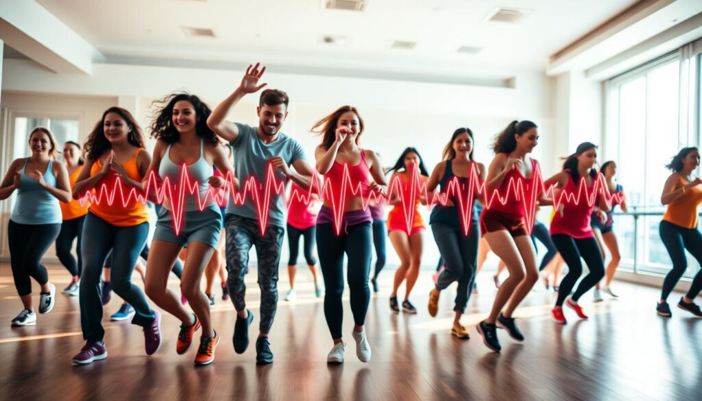 A vibrant and energetic scene depicting the cardiovascular benefits of Zumba dance. In the foreground, a diverse group of people joyfully moving in sync, their bodies flowing with the rhythmic music. The middle ground showcases a dynamic display of heart rate monitors, representing the increased cardiovascular activity. The background features a clean, minimalist gym setting with bright, natural lighting casting a warm glow over the scene. The overall atmosphere conveys a sense of vitality, wellness, and the transformative power of Zumba as a form of exercise for both physical and mental health.