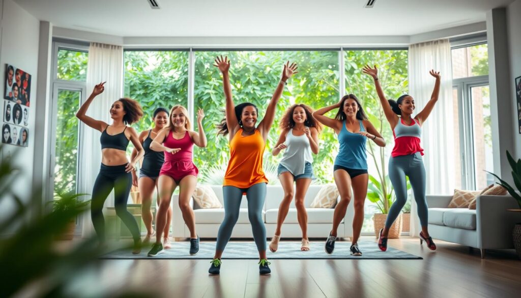A vibrant, dynamic scene depicting the benefits of online Zumba workouts. In the foreground, a group of diverse individuals joyfully perform Zumba moves, their bodies in fluid motion, exuding energy and enthusiasm. The middle ground showcases a serene, home-like setting, with a spacious living room or workout area, filled with natural light streaming through large windows. The background features lush, verdant foliage, creating a sense of tranquility and connection to nature. The overall composition conveys the physical and mental well-being associated with Zumba, capturing the sense of freedom, stress relief, and community that online Zumba classes can provide. A vibrant, dynamic scene depicting the benefits of online Zumba workouts. In the foreground, a group of diverse individuals joyfully perform Zumba moves, their bodies in fluid motion, exuding energy and enthusiasm. The middle ground showcases a serene, home-like setting, with a spacious living room or workout area, filled with natural light streaming through large windows. The background features lush, verdant foliage, creating a sense of tranquility and connection to nature. The overall composition conveys the physical and mental well-being associated with Zumba, capturing the sense of freedom, stress relief, and community that online Zumba classes can provide.