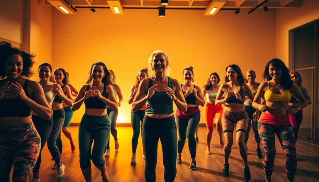 A vibrant, dynamic scene of a zumba class in progress. In the foreground, a diverse group of people energetically moving to upbeat Latin music, their bodies in perfect sync. Warm, golden lighting illuminates the scene, creating a joyful, energetic atmosphere. In the middle ground, an experienced zumba instructor leads the class, their movements fluid and precise, guiding the participants through the lively routine. The background features a modern, minimalist fitness studio setting, with clean lines and sleek equipment. The overall composition conveys the excitement and community of a daily zumba class, as facilitated by the FitOn application.