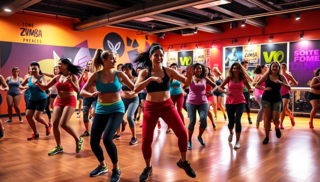 A vibrant, energetic scene of a Zumba dance class. In the foreground, a group of participants enthusiastically move to the rhythm, their bodies in perfect synchronization. The middle ground showcases an instructor leading the class, their movements fluid and expressive, guiding the group through a series of dynamic dance steps. The background is filled with a lively, colorful environment, with walls adorned with motivational imagery and upbeat music pulsing through the space. The lighting is warm and inviting, casting a glow on the dancers and creating a sense of joy and vitality. The overall atmosphere is one of community, fitness, and unbridled energy, capturing the essence of the Zumba experience.