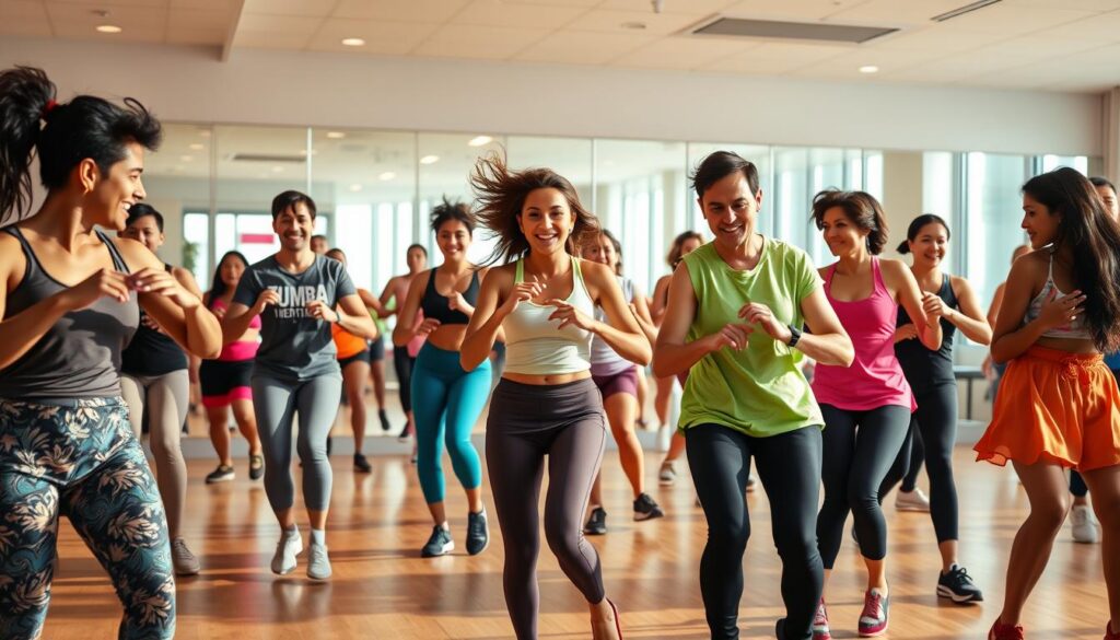 A vibrant, energetic scene of a group of diverse people engaged in a dynamic Zumba dance routine. The foreground features a diverse group of participants, both men and women, moving in synchronization with infectious energy and enthusiasm. The middle ground showcases the instructor leading the class, their movements fluid and graceful, inspiring the group. In the background, a brightly lit, modern studio space with mirrored walls, creating a sense of depth and movement. The lighting is warm and natural, casting a glow on the participants and highlighting the joy and vitality of the Zumba experience. The overall atmosphere is one of wellness, fitness, and a celebration of the human body in motion.