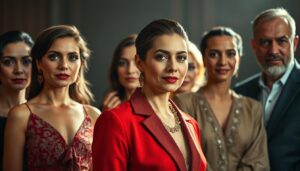 A vibrant ensemble of renowned Turkish actors, standing tall and commanding the spotlight. Capture their magnetic presence with cinematic lighting, accentuating their striking features and captivating expressions. Showcase their refined elegance and charismatic demeanor against a subtly blurred backdrop, hinting at the grand theatrical world they inhabit. Evoke a sense of admiration and adoration, reflecting the adulation they have garnered from audiences across borders. Craft a visually stunning portrait that embodies the allure and cultural significance of these beloved Turkish idols.