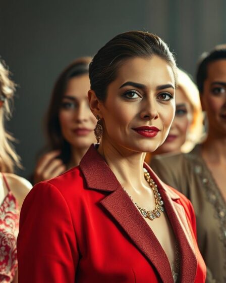 A vibrant ensemble of renowned Turkish actors, standing tall and commanding the spotlight. Capture their magnetic presence with cinematic lighting, accentuating their striking features and captivating expressions. Showcase their refined elegance and charismatic demeanor against a subtly blurred backdrop, hinting at the grand theatrical world they inhabit. Evoke a sense of admiration and adoration, reflecting the adulation they have garnered from audiences across borders. Craft a visually stunning portrait that embodies the allure and cultural significance of these beloved Turkish idols.