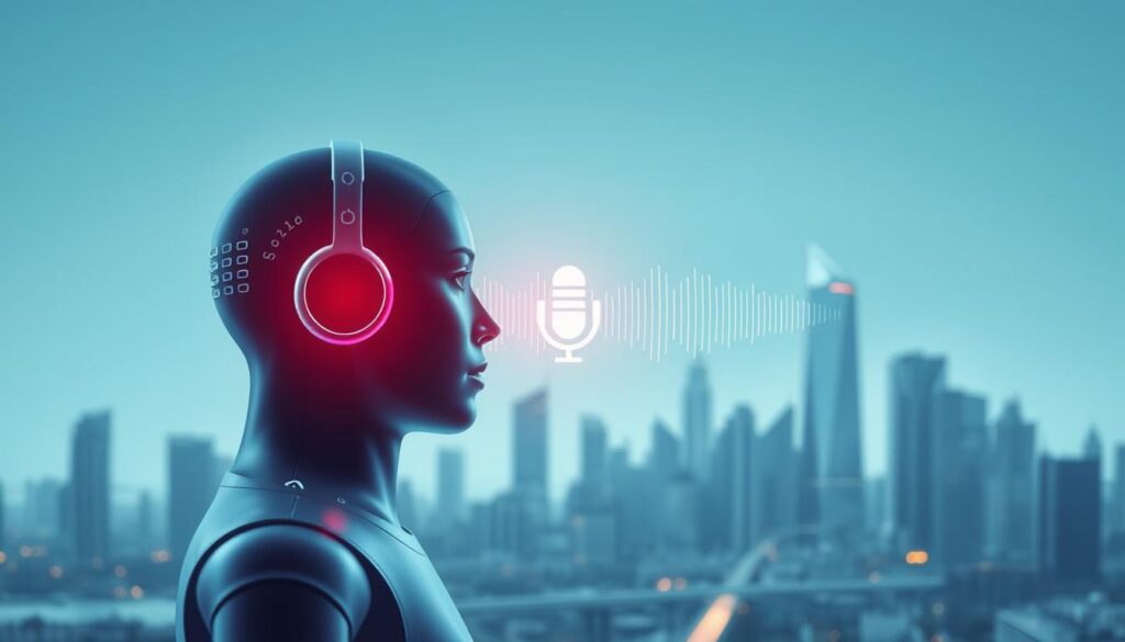 A vibrant, futuristic digital assistant in the foreground, with a sleek and intuitive user interface. The assistant's voice command interface is prominently displayed, showcasing its intelligent capabilities. In the middle ground, a dynamic visualization of sound waves and voice recognition technology, emphasizing the smart voice interaction. In the background, a minimalist cityscape with towering skyscrapers, conveying a sense of modern, connected urban life. The overall scene has a clean, high-tech aesthetic with cool, muted color tones and subtle lighting to create an atmosphere of advanced, efficient technology.