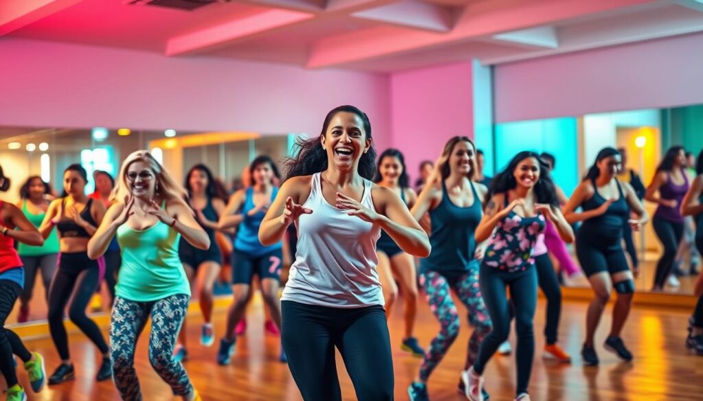 A vibrant scene of a Zumba dance class in action. In the foreground, a diverse group of participants energetically move to the pulsing beats, their bodies twisting and swaying as they burn calories. Middle-ground features a dynamic Zumba instructor leading the class, their movements fluid and motivating. The background showcases a brightly lit studio space with mirrored walls, creating a sense of energy and movement. Warm, vibrant lighting illuminates the scene, highlighting the participants' joyful expressions and the rhythm of the dance. The overall atmosphere conveys the excitement and fun of a Zumba workout, where fitness and entertainment seamlessly blend.