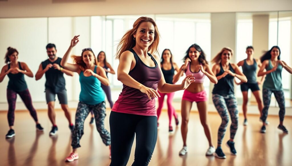 A vibrant zumba dance class scene set in a bright, spacious studio. In the foreground, a group of beginners follow the lead of an enthusiastic instructor demonstrating basic zumba steps - hip sways, side steps, and dynamic arm movements. The middle ground shows other students mirroring the moves, their faces filled with concentration and joy. The background features a large mirror wall, reflecting the lively energy of the class. Warm, diffused lighting creates a welcoming, motivational atmosphere. The composition emphasizes the fluid, rhythmic movements of the zumba routine, capturing the essence of an introductory session for newcomers.