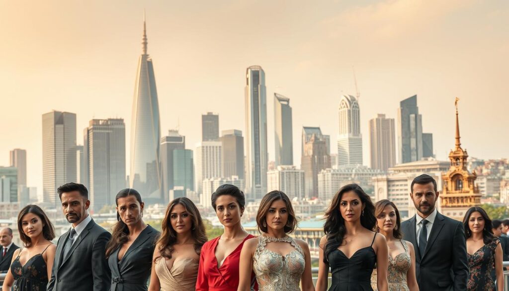 High-quality Turkish drama productions set in a vibrant, modern urban setting. In the foreground, a group of elegantly dressed actors and actresses exude charisma and emotional intensity, reflecting the captivating narratives of Turkish telenovelas. The middle ground features a bustling city skyline, with towering skyscrapers and ornate architectural details that convey the sophistication and cultural richness of Turkish society. The background is bathed in warm, golden lighting, creating a sense of inviting warmth and cinematic grandeur. The overall composition evokes the allure and production value that have made Turkish dramas beloved by audiences worldwide.