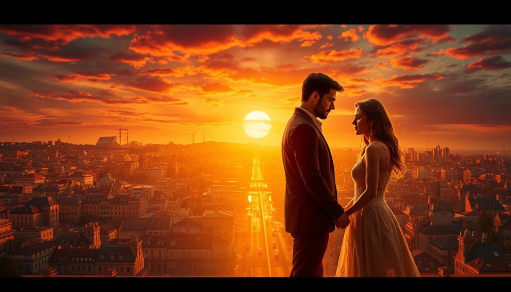 Striking Turkish drama series set against a vibrant, cinematic backdrop. Captivating characters in a passionate, intricate love story unfold across a panoramic cityscape. Warm, golden lighting illuminates the scene, casting a romantic, immersive atmosphere. Carefully framed to showcase the emotional intensity and visual grandeur of this engaging narrative. Elegant, sophisticated compositions convey the allure and elegance of these must-watch Turkish television masterpieces.